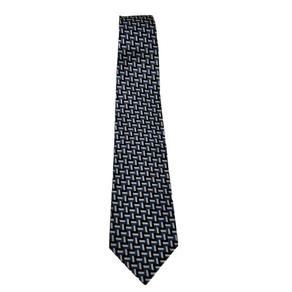 Geoffrey Beene Silk Tie Silver Blue Black Geometric Handmade - Picture 1 of 8